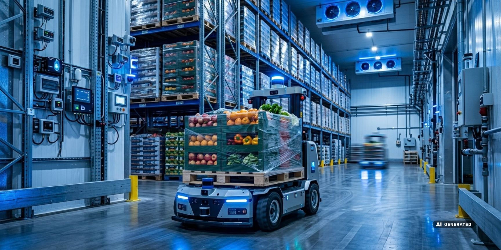 Autonomer Roboter transportiert temperatursensible Ware im Kühllager eines deutschen Logistikzentrums. Smarte MHD-Kontrolle in der Kontraktlogistik.